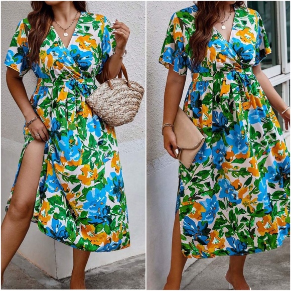 Plus Floral Print Butterfly Sleeve Dress - Picture 4 of 8